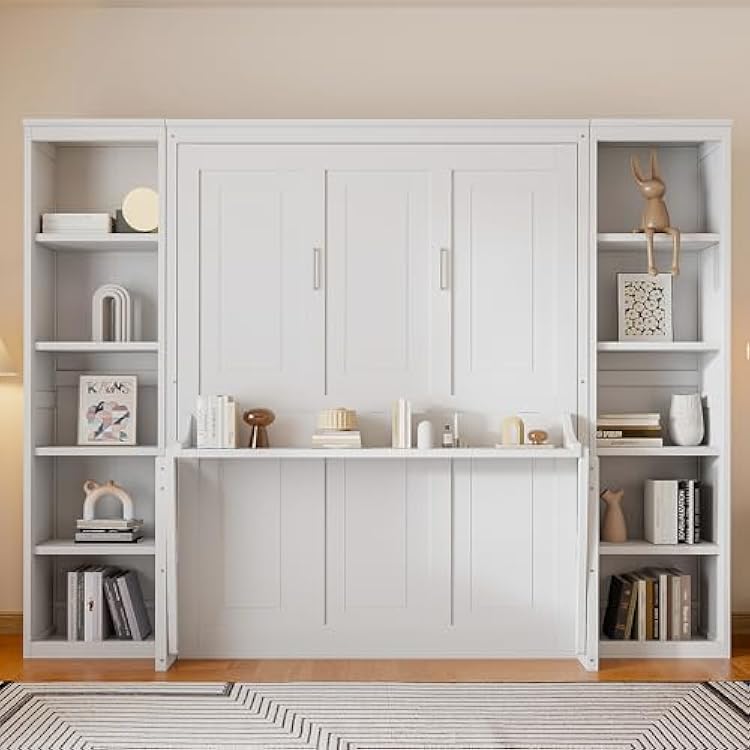 Modern Queen Size Murphy Bed with Desk and Bookshelf, Muti-Functional Wood Wall Bed for Home Office