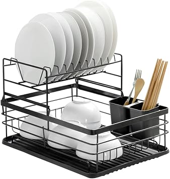Hershii 2 Tier Dish Drainer Drying Rack Kitchen Countertop Bowls Cups Storage Organizer with Drip Tray and Cutlery Holder - Black