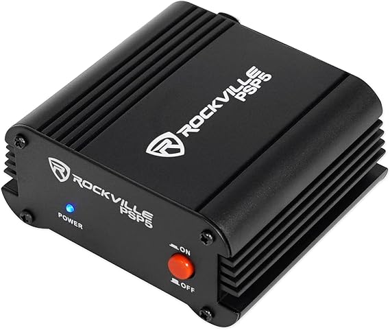 Rockville PSP5 48V Phantom Power Supply Box for Condenser Microphones, Low-Noise, Compact Design, Universal Compatibility, for Home Studio Recording and Podcasting