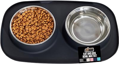 GORILLA GRIP Feeding Mat Set, Patent Pending 100% Waterproof BPA Free Silicone, Stainless Steel Cat and Dog Bowls, Slip Resistant, High Edges Catch Water Food, US Designed Pet Accessories, 2 Cup Black