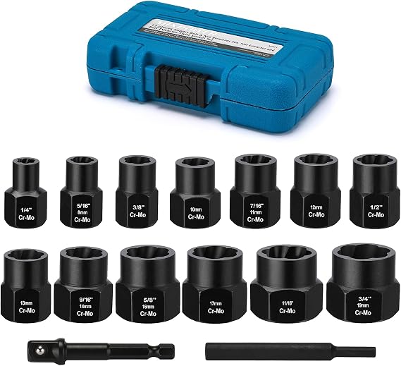 MIXPOWER 13-Piece 3/8-inch Impact Bolt & Nut Remover Set, Nut Extractor Socket, Bolt Remover Tool Set with Hex Adapter, Metric and SAE