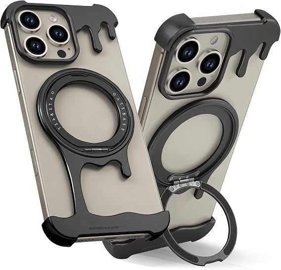 OATSBASF Frameless Bumper Case for iPhone 16 Pro Max 6.9" Case, Metal Kickstand 360 Rotatable Magnetic Stand, Minimalist Aluminum Bumper Protective, Bezel Less Slim Shockproof + Easy Fit, Black